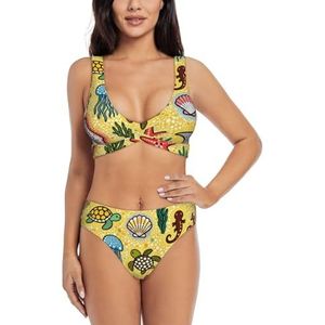 Zelinge Bikinitop met wikkelvoorkant en hoge taille onderaan, zomerzwempak met hoge taille, S-2XL, Zeedieren Gele Stippen, S