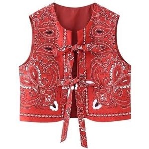 YDYAENIO Geborduurd vest voor vrouwen vrouwen cashewnoten print strik gebonden kort vest jas dames retro casual vest vest vest tops, Rood, XS