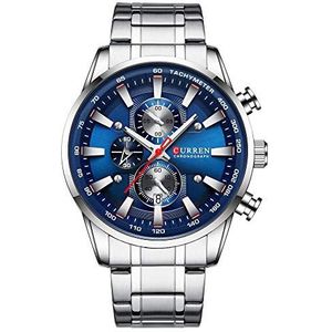 Curren Heren Horloge Meerdere Tijdzone Datumweergave Blauwe Case Roestvrij Staal Zilver Sporthorloge Zilver 8351, ZILVER, 22, armband