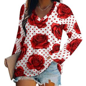 Rode rozen casual T-shirts met lange mouwen voor dames, V-hals bedrukte grafische blouses T-shirt tops L