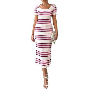 jurken voor dames Jurk met ronde hals en gestreepte print - Casual getailleerde jurk met korte mouwen en lange mouwen (Color : Hot Pink, Size : X-Small)