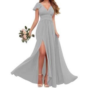 Chiffon bruidsmeisjes jurken met mouw - V-hals Empire taille plooi formele jurk, Zilver, 36