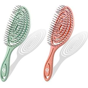 Anti-trekborstel, 2 stuks, haarborstel, anti-trekhaarborstel, massageapparaat, ontwarrend, voor droog en nat haar (oranje en groen)