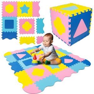 Humbi puzzelmat Eva foam voor baby's en kinderen speelmat fitnessmat beschermmat zwembadmat 31,5 x 31,5 x 1 cm 34 stuks vormen kleur (geel, blauw, roze)