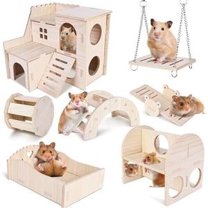 Vegena Hamsterspeelgoed, hamsterhuis, 7 stuks doe-het-zelf hamsters, kauwspeelgoed van hout, cavia's, speelgoed, klokkenrol, brug, wip, schommel, hamster, accessoires voor gerbils, dwerghamsters,