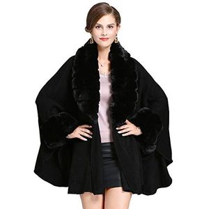Cool&D Dames poncho cape gebreide jassen winter cape kraag van imitatiebont, Zwart met manchetten van imitatiebont, onesize grote maten