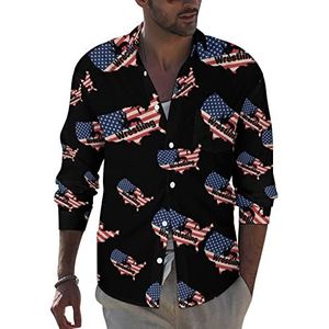 American Wrestling Map Flag Men's Button Down shirt met lange mouwen casual strandtops met zak normale pasvorm