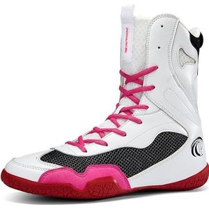 Hiuzylqx Hoge boksschoenen voor heren, vechtsporten, worstelsporten, ademende veterboksschoenen – kickboksschoenen voor heren,Wit,39 EU