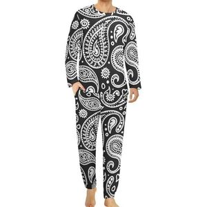 Zwart Wit Bandana Paisley Comfortabele Heren Pyjama Set Ronde Hals Lange Mouw Loungewear met Zakken 3XL