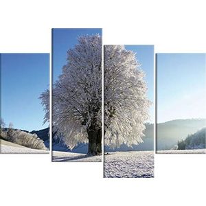 1art1 Winter Poster Kunstdruk Op Canvas Solitary Tree In White Frost, 4 Parts Muurschildering Print XXL Op Brancard | Afbeelding Affiche 120x80 cm