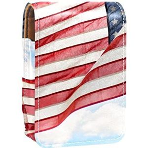 Amerika vlag blauwe hemel mooie draagbare lippenstift geval voor reizen, mini lippenstift opbergdoos met spiegel voor vrouwen dames, lederen cosmetische etui, Meerkleurig, 9.5x2x7 cm/3.7x0.8x2.7 in