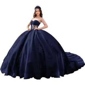 Fuomomo Quinceanera Prinsessenjurk met ruches en staart Quinceanera jurk van tule met parels schattige jurk 16 MT052, marineblauw, 38