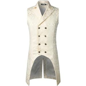 PARKLEES Victoriaanse steampunk gothic double-breasted vest voor heren, brokaat jacquard tailcoat vest, Crème, M