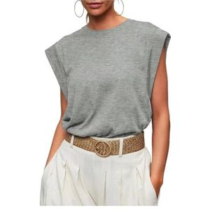 2024 Lente en zomer T-shirt met ronde hals en losse korte mouwen Gestreept damesvest (Kleur : Gray, Size : M)