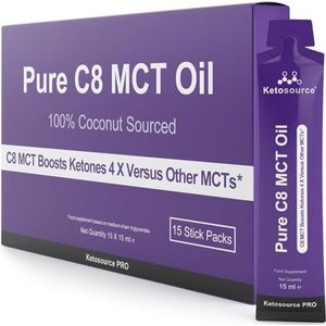 Pure C8 MCT-oliepakketten | Verhoogt ketonen 4x in vergelijking met andere MCT's | Hoogste zuiverheid van 99%+ | 100% afkomstig van kokosnoot | Doos met 15 porties van 15 ml | Ketosource®