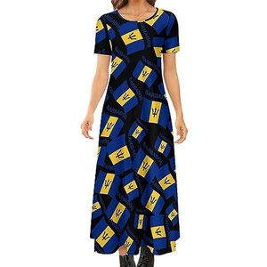 Vlag van Barbados dames zomer casual korte mouwen maxi-jurk ronde hals bedrukte lange jurken 5XL