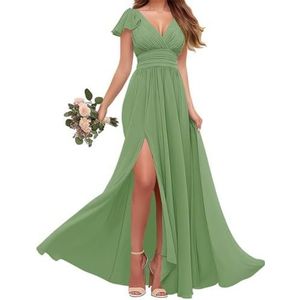 Chiffon bruidsmeisjes jurken met mouw - V-hals Empire taille plooi formele jurk, Dusty Groen, 36