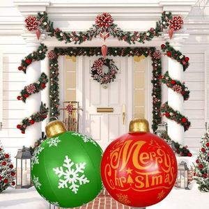KAHEIGN 2 stuks gigantische opblaasbare kerstballen, 60 cm rood groen opblazen decoratie bal PVC opblaasbare vakantie ornament voor kerst indoor outdoor huis tuin gazon tuin veranda decoratie