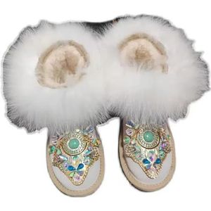 ZIRIA Vos haar laarzen Handgemaakte winter plus fleece warme laarzen rijn-diamant kralen ketting bont eendelige laarzen vrouwen, 1, 35 EU