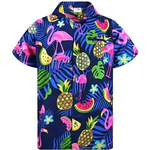 King Kameha Funky Hawaïhemd voor heren, korte mouwen, voorzak, party, flamingo, meloenprints, Flamingo Melone-blauw, XL