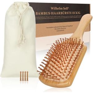 Wilhelm Sell® Bamboe paddelborstel met natuurharen – Duurzame borstel voor dames, heren en kinderen – Masseert de hoofdhuid voor glanzend en gezond haar (Paddle borstel)