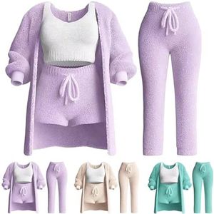 Pleshycozy damespyjama's, Pleshycozy damespyjama's, Pleshy Cozzy gebreide set, Pleshy Cozzy gebreide set, gezellig 4-delig pyjamavest(4piece Purple,S)