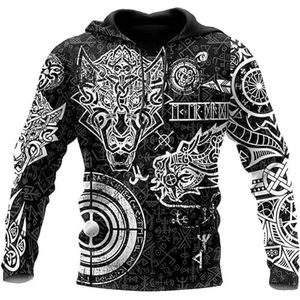 Vintage Odin Fenrir Tattoo Hoodie, Noorse Mythologie 3D Gedrukte Vegvisir Rune Street Harajuku Paar Zip Sweatshirt, Herfst Buiten Losse Plus Size Tops(Color:Pullover Hoodie,Size:3XL)