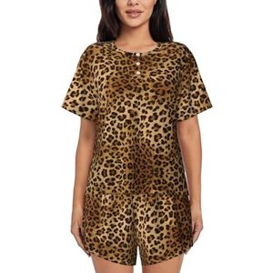 Leuke luipaardprint dames zomer zachte tweedelige bijpassende outfits korte mouw pyjama lounge pyjama sets, Zwart, XXL