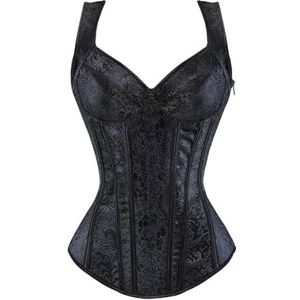 LNNXSZ Korset top voor vrouwen vrouwen korset met bandjes zwart overbuste korset grote maat bloemen jacquard korset rits top steampunk korset bustier top, Zwart 1, XL