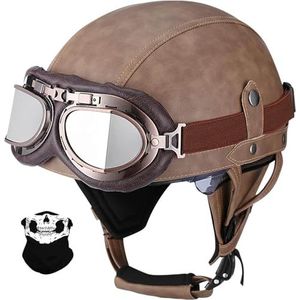 3/4 Jethelmen Voor Volwassenen Motorhelm Retro Bromfietshelm 3/4 Open Motorhelmen Met Bril PU Leer Scooterhelm Chopper Dames Heren DOT/ECE Gecertificeerd H,M=57-58CM