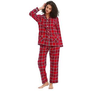 kolipajam Vrouwen 100% Katoen Flanel Pyjama Set Garen Geverfd Gezellige Lange Mouw Winter PJ's voor Vrouwen, Rode en witte plaid, L