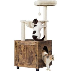 Yaheetech Kattenhuis, krabpaal met kattenbakkast, 2-in-1 kattenboom, 125 cm hoog, met platform ligkom, krabstam, kattenkast voor kattentoilet, vintage bruin-beige