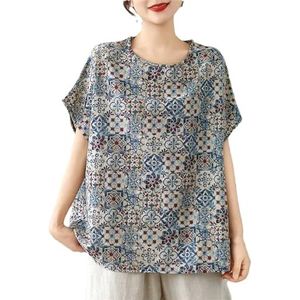Dvbfufv Dames zomer vintage pullover O-hals bedrukte T-shirts dames mode losse all-match korte mouwen shirts, Blauw, XL