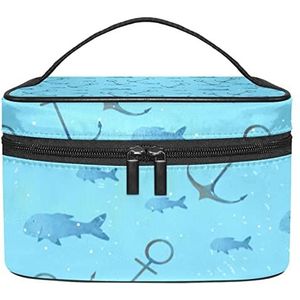 Blauwe achtergrond ankers schip patroon make-up organizer tas, reizen make-up tas organizer case draagbare cosmetische tas voor vrouwen en meisjes toiletartikelen, Meerkleurig, 22.5x15x13.8cm/8.9x5.9x5.4in