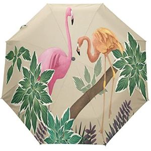 Flamingo Leaf Golden Art Paraplu Winddicht Automatische Opvouwbare Paraplu's Auto Open Sluiten voor Mannen Vrouwen Kinderen