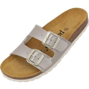 Palado Milos Metallic damessandalen, sandalen met riem, pantoffels met voetbed van natuurkurk, comfortabele schoenen met zool van suède, beige metallic, 36 EU