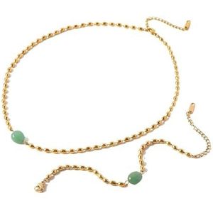 Groene natuursteen ovale gouden kralen armband ketting set 18K PVD vergulde mode dames sieraden (Style : JDB201407-GN)