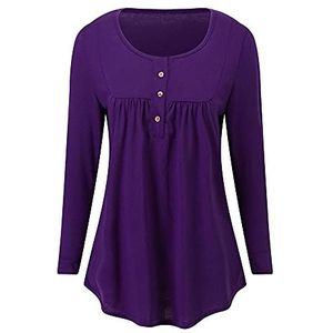 Dames Casual Henley Tuniek Shirts Losse Fit Blouse Geplooide Tops Dames Shirts Ruches Losse Knopen Tuniek Tops voor Vrouwen Vrouwen V-hals T-Shirt Button Up Tuniek Lange Mouw Tops, C-paars, XL