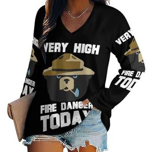 The Bear Fire Danger Damesshirt met V-hals en lange mouwen, casual, losse pasvorm