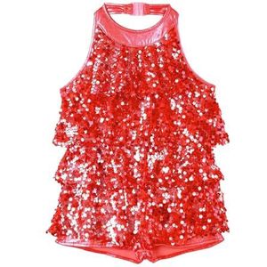 NUOYIXUAN Modern jazz-danspak voor meisjes, kort gymnastiekpak met glinsterende pailletten en houder, podiumoptredens, danskleding (rood, 16)