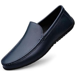 Loafers for heren met ronde neus, effen kleur lederen loafers, lichtgewicht antislip platte hak, mode-gala-instappers (Color : Blue, Size : 40 EU)