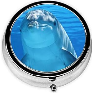 LAMAME Dolfijn met een glimlach bedrukte ronde pillendoos 3 compartimenten mini pillendoos draagbare reispillenorganizer