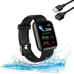 Smartwatch voor dames en heren, fitnesstracker, waterdicht, IP68, sporthorloge met stappenteller, calorieën, slaap, stopwatch, directe USB-verbinding voor het opladen