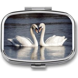 Reizen Pil Organizer Draagbare Pillendoos met 2 Compartiment Romantische Witte Zwaan Pil Case met Spiegel Kleine Pillenhouder Dagelijkse Pillencontainer Decoratieve Vitamine Organizer