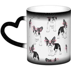 XDVPALNE Black Frenchie Cartoon Franse Bulldog roze bril witte hond, keramische mok warmtegevoelige kleur veranderende mok in de lucht koffiemokken keramische beker 330 ml