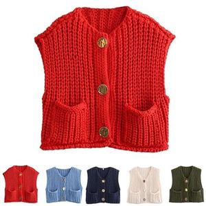 2024 Gebreid Chunky Vest, Oversized Chunky Sweater Vest, V-hals Zak Knoop Dames Chunky Gebreid Vest Mouwloze Trui(Red,M)