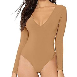 MANGDIUP Dames V-hals lange mouwen korte mouwen tops basic bodysuit, Mokka, S