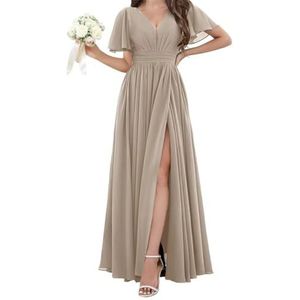 Chiffon bruidsmeisjesjurken voor dames, voor bruiloft, met split, avondgalajurken, cocktailjurken, grote maten, Taupe, 32