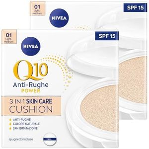 Nivea Q10 Anti-Age Foundation Cushion 3-in-1 Skin Care natuurlijke kleur 01 Light Medium hydraterend gezichtshuid uniform met geïntegreerde spiegel - 2 verpakkingen à 15 g