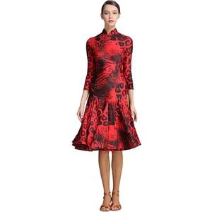 FZHQNZJF Luipaardprint Latijns Prestatie Kostuums Dames Salsa Tango Dansjurken Ademend Cha Cha Visgraatrok Elegant Danskleding voor Rumba Samba,Rood,L